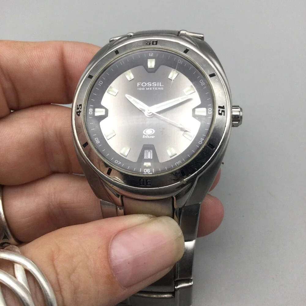 Fossil Blue AM-3752 Mens Watch 40mm Silver Dial Stainless Date New Battery 7.75